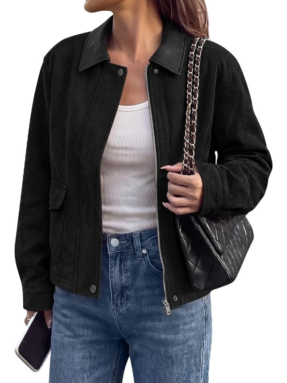 Women's Black Long Sleeve Faux Suede Lapel ZIP Up Fall Coat Moto Jacket